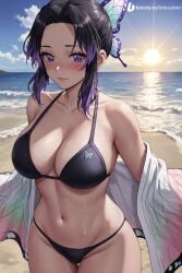 1girls 2024 ai_generated big_breasts bikini black_hair demon_slayer female female_only kimetsu_no_yaiba kochou_shinobu looking_at_viewer minusleto multicolored_hair outdoors purple_hair solo stable_diffusion thick_thighs