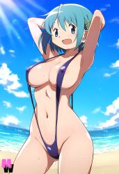 1girls ai_generated beach belly belly_button blue_eyes blue_hair blush blushing female female_only hair_ornament human looking_at_viewer madoka_worship mahou_shoujo_madoka_magica miki_sayaka short_hair sling_bikini smile smiling solo sweat swimsuit