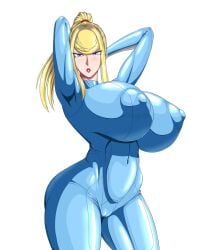 1girls arms_behind_head big_breasts blonde_hair blue_bodysuit blue_eyes bodysuit breasts busty curvaceous curvy curvy_body curvy_female curvy_figure female hands_behind_head huge_breasts large_breasts metroid ml nintendo nipples nipples_visible_through_clothing oneekyou ponytail samus_aran voluptuous white_background zero_suit_samus