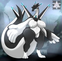 after_vore anthro ass big_breasts big_butt big_hands big_tail biped black_body blue_eyes blue_markings breasts chest_tuft digitigrade female female_anthro female_pred generation_2_pokemon generation_3_pokemon genitals huge_tail hybrid latias legendary_pokemon long_neck looking_at_viewer lugia markings multicolored_body navel nintendo nipples nude nude_female pokemon pokemon_(species) pussy sentinelwinder smile solo sonear_(sentinelwinder) tail thick_tail thick_thighs tuft vore weight_gain white_body