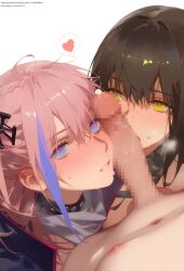 2girls ahoge_rua ai_generated blue_eyes brown_hair cheek girls'_frontline heart imminent_fellatio m4a1_(girls'_frontline) pink_hair st_ar-15_(girls'_frontline) yellow_eyes