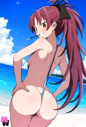 1girls ai_generated beach female female_only human madoka_worship mahou_shoujo_madoka_magica pocky sakura_kyouko sling_bikini solo swimsuit