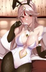 1girls big_breasts blonde_hair blush breasts bunny_ears bunnysuit female genshin_impact haneramu large_breasts ningguang_(genshin_impact) orange_eyes solo solo_female thighs wine