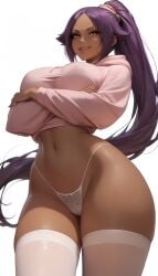 1girls ai_generated big_breasts big_thighs bleach crossed_arms curvy curvy_female curvy_figure curvy_hips dark-skinned_female dark_skin oversized_shirt ponytail purple_hair shihouin_yoruichi solo stockings thick_ass thick_legs thick_thighs thong yellow_eyes