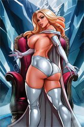 ass ass_focus big_breasts big_butt black_ops_publishing blonde_hair blue_eyes booty_shorts breasts brian_miroglio bubble_butt cape comic comic_cover curvaceous curvy curvy_female curvy_figure dat_ass emma_frost female female_only hellfire_club hourglass_figure looking_at_viewer looking_back marvel marvel_comics nipples opera_gloves power_hour sideboob thick_thighs thighhighs thin_waist throne topless topless_female white_queen wide_hips x-men