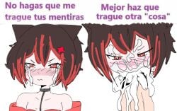 2boys blowjob catboy collar cum cum_in_mouth excessive_cum femboy guren leash male/male male_only oral red_eyes spanish_text tagme