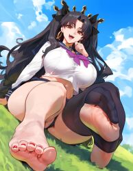 1girls ai_generated bangs black_hair breasts clothed clothing cloud deity earrings fate/grand_order fate_(series) feet female foot_fetish goddess hoop_earrings huge_breasts ishtar_(fate) jewelry legs legwear light-skinned_female light_skin long_hair looking_down looking_down_at_viewer lucyla midriff on_grass open_mouth outdoors red_eyes red_toenails sailor_collar school_uniform schoolgirl sitting skirt solo stable_diffusion stirrup_legwear thick_thighs toenail_polish toes very_long_hair voluptuous