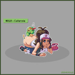 1boy 1girls arm_support ass baseball_cap boots brown_hair caterpie female hat hilda_(pokemon) human laced_boots nintendo pixel_art pokemon pokemon_(game) pokemon_bw pokemon_rgby pokephilia shorts_down sismicious zoophilia