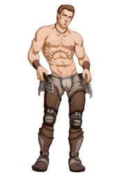 1boy abs alistair_theirin balls_in_underwear bara boots brown_boots brown_hair brown_pants bulge dragon_age dragon_age_2 flaccid human human_only male male_focus male_only muscles muscular muscular_male necklace pecs pectorals penis penis_in_underwear pubic_hair schizoid short_hair six_pack solo solo_focus solo_male standing testicles topless uncensored underwear undressing white_background