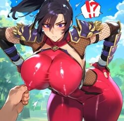 !! !? 1boy 1girls ai_generated armor bangs bent_over big_breasts black_hair blue_sky blush bodysuit boobs breasts cloud covered_nipples dark-skinned_male day depressu elbow_gloves female female_focus fingerless_gloves fishnets gloves huge_breasts japanese_armor large_breasts long_hair looking_at_viewer ninja nipple_tweak nipples open_eyes out_of_frame outdoors ponytail pov purple_eyes scowl shoulder_armor sky solo_focus soul_calibur spoken_interrobang sweatdrop sword sword_behind_back taki tits tree weapon