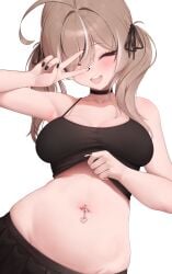 1girls belly_button belly_button_piercing breasts brown_hair female hololive hololive_english hololive_english_-council- hololive_english_-promise- large_breasts light-skinned_female light_skin long_hair midriff nanashi_mumei navel prab top_lift twintails virtual_youtuber