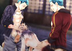 2boys blush clothed_male_nude_female double_penetration drooling fellatio female female_saniwa_(touken_ranbu) fingering group_sex hand_on_head multiple_boys naughty_face nude oral penetration penis saliva scar sex siblings size_difference spitroast steam sweat tattoo touken_ranbu vaginal_penetration yamabushi_kunihiro