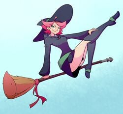 amanda_o'neill broom cloak female green_eyes little_witch_academia pink_hair pinup ribbon santystuff solo straight_hair witch witch_hat