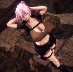 3d anya_jackal big_breasts bimbo huge_breasts lara_croft_(cosplay) large_breasts megurine_luka mmd pink_hair tagme vocaloid