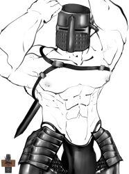 1boy abs armor bara bulge crusader digital_media_(artwork) flexing gay harness helmet knight leiri male_only mask muscles muscular muscular_male nipples pecs roblox roblox_avatar robloxian sword thong yaoi