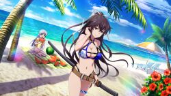 beach belly_button belt big_breasts black_hair blue_swimsuit kanzaki_kaori long_hair official_art ponytail smile swimsuit sword thighs to_aru_majutsu_no_index