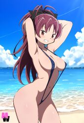 1girls ai_generated beach female female_only human madoka_worship mahou_shoujo_madoka_magica sakura_kyouko sling_bikini solo swimsuit