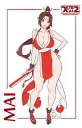 1girls bare_shoulders breasts brown_eyes brown_hair character_name cleavage closed_fan contrapposto fan fatal_fury female female_focus flat_color folding_fan full_body hand_on_hip japanese_clothes king_of_fighters large_breasts long_hair looking_at_viewer mai_shiranui matching_hair/eyes no_bra no_panties open_mouth pelvic_curtain ponytail revealing_clothes solo standing watermark web_address white_background wide_sleeves x-teal