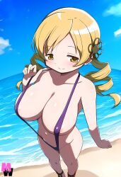 ai_generated beach blonde_hair female female_only madoka_worship mahou_shoujo_madoka_magica puella_magi_madoka_magica sling_bikini solo tomoe_mami twin_drills