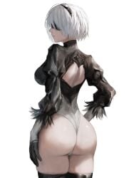 1girls ass big_ass blindfold breasts female female_only huge_ass large_ass leotard medium_breasts nier nier:_automata nier_(series) raberu_ruru thick_thighs white_hair yorha_2b