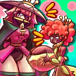 2girls breasts cactus_(pvz) dark-skinned_female grimrose_(pvz) huge_breasts jstolpa multiple_girls nipple_bulge panties plants_vs_zombies thighs