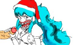 blue_hair cure-chan fellatio hair nurse nurse_cap open_mouth oral original penis personification santa_hat sharp_teeth uncensored