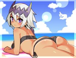 ass ass_cleavage ass_cleavage_tanline beach bikini blush butt_crack cougar1404 dat_ass dragon_girl dragon_marked_for_death empress_(dmfd) horn horns inti_creates large_breasts purple_eyes purple_scales scar side-tie_bikini sunbathing tan_skin tanline white_hair