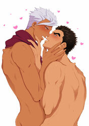 2boys akihiro_altland bara black_hair blush drooling grey_hair gundam kissing male male_focus male_only multiple_boys muscle muscles nude orga_itsuka saliva short_hair size_difference sweat tagme yaoi