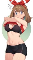 1girls alternate_breast_size bike_shorts blue_eyes bra breasts brown_hair female high_resolution hips huge_breasts large_breasts light-skinned_female light_skin long_hair may_(pokemon) may_(pokemon_oras) moursho nintendo pokemon pokemon_oras thick_thighs thighs top_lift wide_hips