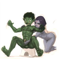 1boy 1girls abs beast_boy breasts couple dc dc_comics female forehead_jewel green_skin grey_skin groping kneeling male muscle nachtmahr nude penis penis_grab pointy_ears purple_hair rachel_roth raven_(dc) short_hair simple_background sitting spread_legs teen_titans toned uncensored