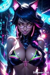 ahri ai_generated bare_shoulders big_breasts bikini bikini_top_only black_hair breasts choker city city_background color colored coloured curvy evil_eyes evil_face evil_grin evil_smile eyes_open female focus fox_ears glasses gloves hd hd_(traditional) high_resolution highres league_of_legends league_of_legends:_wild_rift long_hair looking_at_viewer navel neon portrait pose posing riot_games seductive shiny_breasts shiny_hair shiny_skin sky4maleja smiley_face solo solo_female solo_focus upper_body vastaya