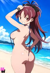 1girls ai_generated beach female female_only human madoka_worship mahou_shoujo_madoka_magica sakura_kyouko sling_bikini solo swimsuit