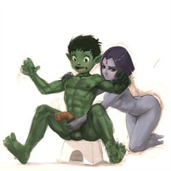 1boy 1girls abs beast_boy breasts couple dc dc_comics female forehead_jewel green_skin grey_skin groping horsecock kneeling male muscle nachtmahr nude penis penis_grab pointy_ears purple_hair rachel_roth raven_(dc) short_hair simple_background sitting spread_legs teen_titans toned uncensored