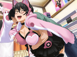 black_hair blush breast_grab breasts cat_ears cleavage closed_eyes clownculture cosplay erect_nipples female glasses headphones large_breasts leaning_forward long_sleeves lucky_chloe open_mouth original poster short_hair skirt tekken tekken_7 thighhighs