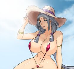 armlet arshtat_falenas bangle bikini breasts covered_nipples curvy devil-v female forehead_mark grey_hair hat huge_breasts long_hair milf nail_polish narrow_waist navel outdoors sling_bikini solo suikoden suikoden_v sun_hat swimsuit very_long_hair wide_hips