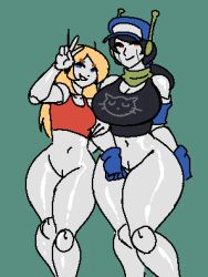 2girls big_breasts black_hair blonde_hair blue_eyes bottomless breasts cave_story curly_brace curly_brace_(beta) curvy_hips female female_only hat hips legs long_hair navel peace_sign pussy robot robot_humanoid robot_joints royalmilk20 smug_face tagme thick_thighs thighs topwear