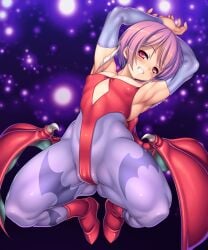 1female 1girl 1girls armpits breasts capcom chabo_(fuketsudan) darkstalkers female female_only hands_behind_head hi_res high_resolution highres leggings lilith_aensland looking_at_viewer muscular_female nipples_visible_through_clothing pink_hair red_eyes small_breasts spread_legs succubus succubus_wings vampire vampire_girl vampire_savior violet_hair wings