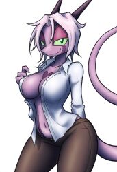 bedroom_eyes big_breasts cleavage dreamkeepers female green_eyes grin horns looking_at_viewer namah_calah pants pink_hair purple_body seductive_look shirt shirt_open smug solo tail