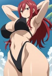 1girls ai_generated arisato_yu arms_behind_head beach big_breasts bikini black_bikini breasts brown_eyes erza_scarlet fairy_tail female female_focus huge_breasts long_hair looking_at_viewer red_hair smile thick_thighs wide_hips