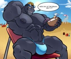 absurd_res albertcrow beach beverage bulge clothing coconut coconut_drink drupe_(fruit) eyewear food fruit generation_1_pokemon hi_res machoke male male_focus male_only muscular nintendo nipple_piercing nipples outside pecs piercing plant pokemon pokemon_(species) ryuji_kaiyo sitting solo speedo sunglasses sunglasses_on_head swimwear