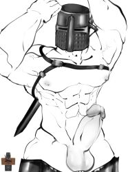 1boy abs armor balls bara crusader digital_media_(artwork) flexing gay harness helmet huge_balls huge_cock knight leiri male_only mask muscles muscular muscular_male nipples nude pecs penis roblox roblox_avatar robloxian sword yaoi