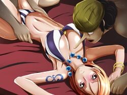 1girls 2boys armpits bare_arms bare_legs bare_shoulders bed bikini blush bracelet breasts cahlacahla censored cleavage clothed_female_nude_male embarrassed female group_sex highres large_breasts legs looking_at_viewer lying male mosaic_censoring multiple_boys nami navel necklace on_back on_bed one_piece open_mouth orange_hair penetration red_eyes sex short_hair solo_focus spread_legs sweat tattoo thighs usopp vaginal_penetration