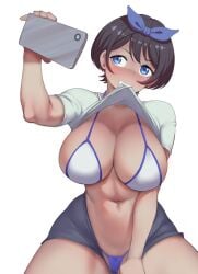 1girls black_hair blue_eyes bokuman bowtie breasts kanojo_okarishimasu large_breasts phone sarashina_ruka selfie shirt shirt_lift short_hair solo teeth thick_thighs thighs white_background wide_hips