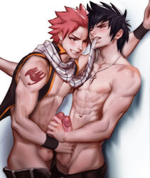 2boys abs against_wall balls bara blush fairy_tail frottage gray_fullbuster large_penis male male_only multiple_boys muscles mutual_masturbation natsu_dragneel pecs penis sakimichan tagme testicles uncensored undressing wince yaoi