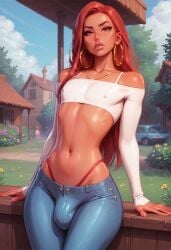 1boy ai_generated bulge crossdressing femboy glare hoop_earrings jeans long_hair noredeemingvalue pout red_hair thong tummy white_top