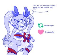 anthro bell big_areola blush closed_eyes crossman dark_areola dialogue english_text female fur fur_markings genitals heart_symbol horn humanoid_pointy_ears league_of_legends markings open_mouth poppy pregnant pussy red_ribbon retweet ribbons riot_games short_stack simple_background smile snow_fawn_poppy snowdown_series speech_bubble teeth text twintails white_background winter_wonderland_series