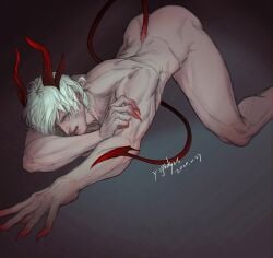 1boy ass_up bara blue_eyes dante demon_boy devil_horns devil_may_cry devil_tail facial_hair gay handsome male_focus mature_male muscular muscular_male nude older_male solo tongue_out vaness_fu white_hair yaoi