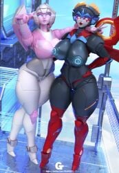 2girls 3d 3d_(artwork) 3d_model arcee arcee_(g1) autobot big_breasts blue_eyes breasts breasts_out built-in_high_heels cybertronian female female_autobots female_only heeled_feet high_heels hourglass_figure large_breasts multiple_girls peace_sign robot robot_female robot_genitalia robot_girl robot_humanoid robot_pussy thick_thighs thunder_thighs thunderthighs transformers trawert windblade wings