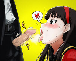 amagi_yukiko atlus black_hair blush breath colored drooling fellatio foreskin golgonzola hairband headband heart long_hair narukami_yu open_mouth oral parumezan penis persona persona_4 photoshop school_uniform solo_focus straight sweat tongue uncensored