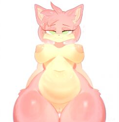 amy_rose anthro belly big_breasts bittersyrup breasts eulipotyphlan female fur genitals green_eyes hair half-closed_eyes hedgehog hi_res long_hair looking_at_viewer mammal narrowed_eyes navel nipples nude pink_body pink_fur pink_hair pussy sega simple_background smile solo sonic_(series) white_background wide_hips